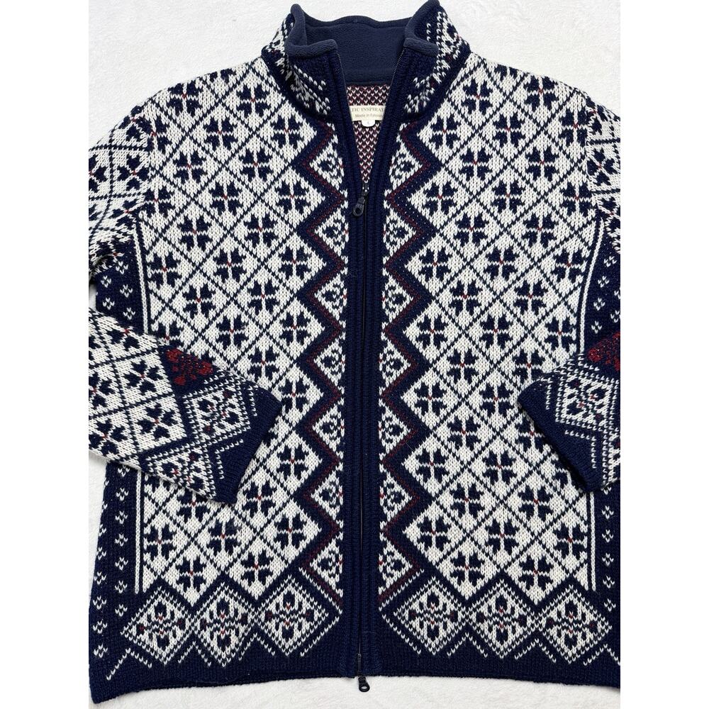 Baltic Inspirations VTG Wool Cardigan Sz LG Large Navy Snowflake Nordic Full Zip